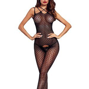Black Sleeveless Crotch Scale Detail Body Stocking Material OS
